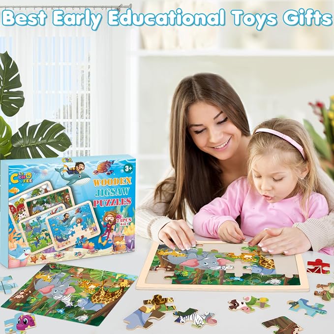 4-Pack Wooden Puzzles for Kids Ages 3-5, 24-Piece Animals Toddler Set | Toddler Puzzles Ages 3-5, Preschool Puzzles with Wooden Jigsaw Boards for Fine Motor Skills, Shape Recognition and Travel