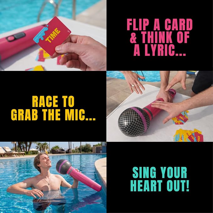 Grab The Mic: Poolside, Waterproof Karaoke Game for Family Pool Days | 100 Waterproof Cards, Inflatable Microphone. Perfect For Pool Parties, Beach Trips And Vacations.