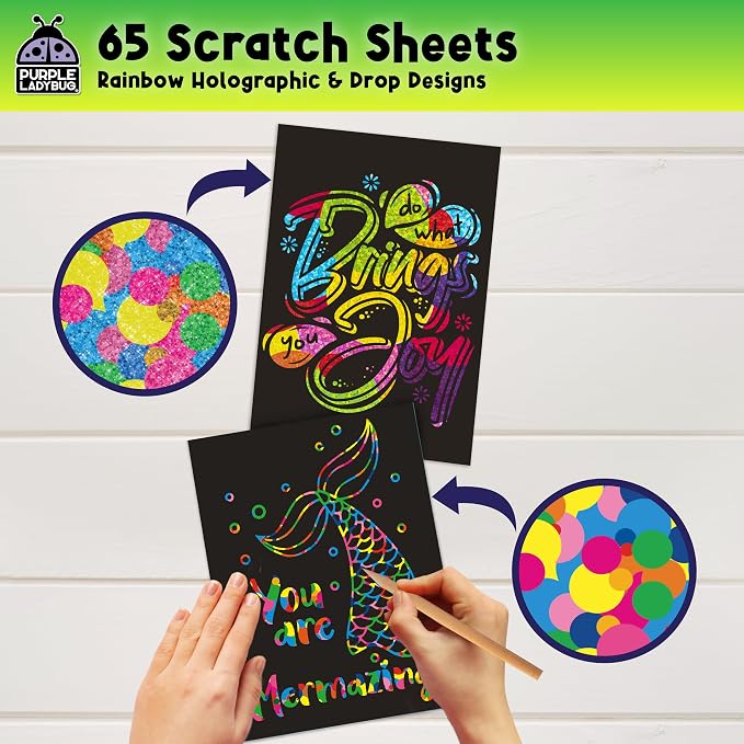 Rainbow Scratch Art Kit with Stencils, 79 Pc Craft Kit Ages 4-8 | Creative Drawing Paper & Stencils, Arts and Crafts for Ages 4-12, Summer Activities for Kids, Travel & Birthday Activities