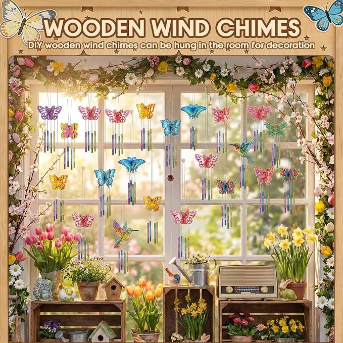 Leinuosen 30 Pcs Wind Chime Kit Make Your Own Butterfly Windchimes for Kids | Butterfly Crafts Decorative DIY Coloring Wooden Crafts for Spring Summer Party Art Activities Garden Home Patio Decorations