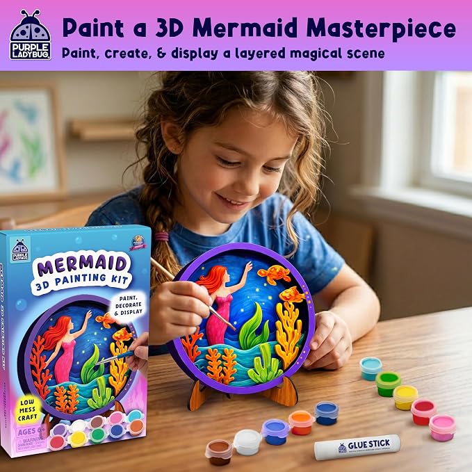 Mermaid 3D Painting Kit - Wooden Painting Crafts for Kids - Craft Kits for Girls Ages 8-12, DIY Crafts Paint Set Art Projects - Arts and Crafts for Girl 6 7 9 11 - Girls Birthday Gifts Age 8-10