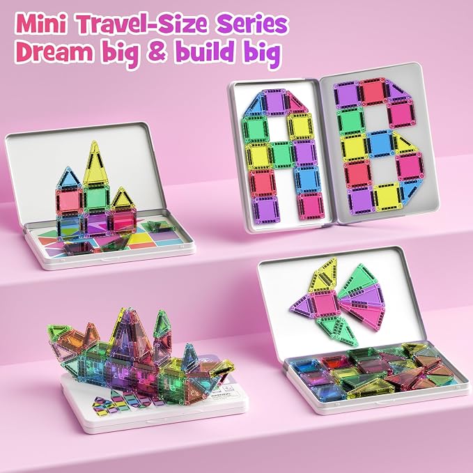 WMDXU Mini Magnetic Tiles Girls: Travel Building Set with Iron Box for 3+ | 42PCS On-the-Go Travel Toy, Strong Magnets Hold Tiles Upside Down without Falling, Iron Box Storage, for Girls 3-8