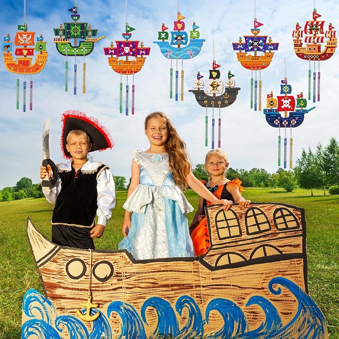 gisgfim 16 Pack Pirates Ship Wind Chime Kits for Kids Make Your Own Coloring Wooden DIY Arts and Crafts for Pirates Party Activities Decorations Supplies Favors School Classroom Girls Boys