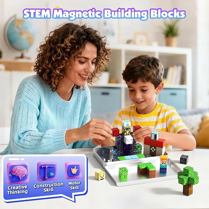 GraceDuck Magnetic Blocks with Iron Box, Obsidian Nether Portal 45 PCS Travel Magnetic Building Blocks, STEM Educational Building Set Construction Toys for Kids Ages 3+, Building Toys