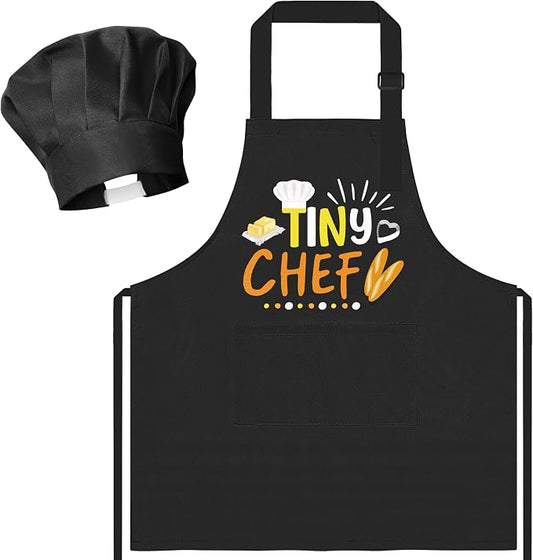 R HORSE 2 Pieces Kid Apron and Chef Hat Set, Dress up Role Play Chef Toy | Black Tiny Chef Adjustable Children Kitchen Apron with Pockets, Ideal for Cooking, Baking, Painting, Cooking Birthday Gift