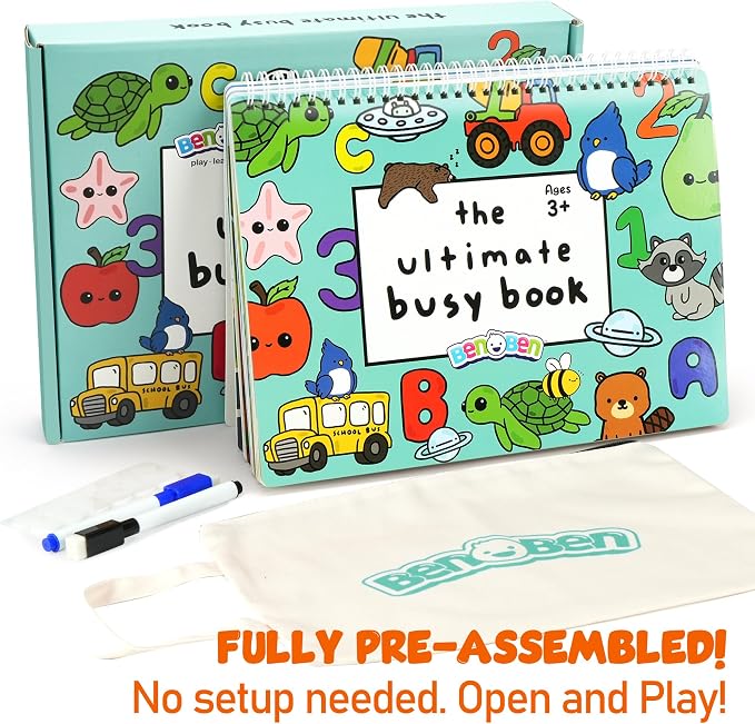 BenBen Busy Book for Toddlers 3-5, Pre-Assembled, 30 Pages, Airplane Toys | Preschool Learning Activities, Montessori Learning Toys, Educational Activity Book, Arts and Crafts for Kids, Birthday Gift