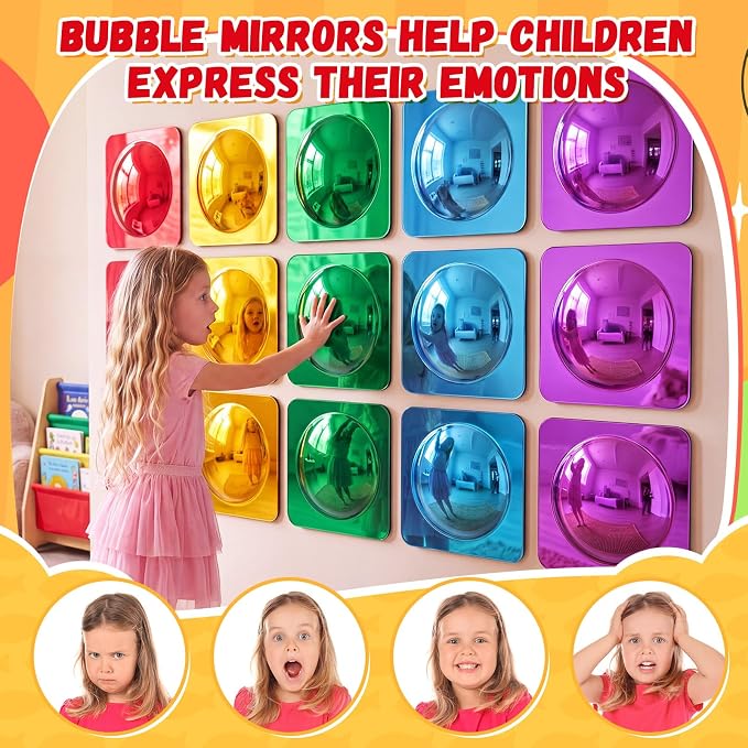 Geiserailie 15 Pcs Sensory Wall Bubble Mirrors, 10 x 10 Inch, CPC Certified | Colorful Acrylic Convex Mirrors, Sensory Room must haves, Classroom Learning Tool, Calming Corner, Preschool Daycare Activity