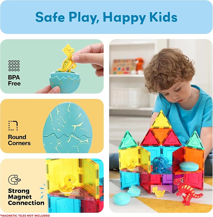 PicassoTiles Magnetic Tiles Dinosaur Egg Set 4 Dinos with 2 Hatchable Eggs Character Action Figures Accessory for Magnet Tile Building Construction STEM Pretend Play Learning Toys Kids Ages 3+ PTA35