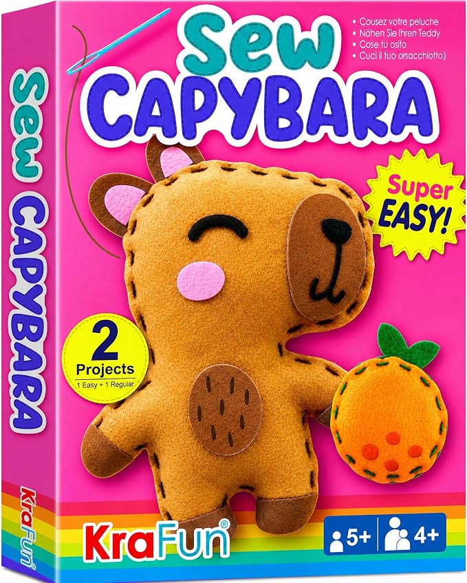 KRAFUN Beginner Sewing Kit, Sew Capybara & Orange, Pre-Cut Felt, Ages 5+ | Beginner Sewing Kit: Sew 2 Plushies, Capybara & Orange. Pre-Cut, Pre-Punched Felt, No Scissors. Safe Plastic Needle for Kids