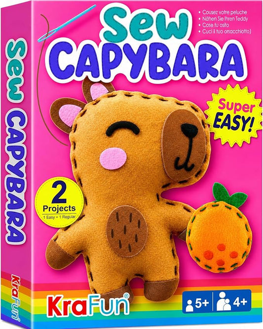 KRAFUN Beginner Sewing Kit, Sew Capybara & Orange, Pre-Cut Felt, Ages 5+ | Beginner Sewing Kit: Sew 2 Plushies, Capybara & Orange. Pre-Cut, Pre-Punched Felt, No Scissors. Safe Plastic Needle for Kids
