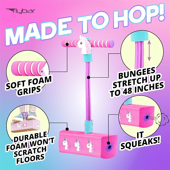 Flybar My First Foam Pogo Jumper for Kids Fun and Safe Pogo Stick for Toddlers, Durable Foam and Bungee Jumper for Ages 3 and up, Supports up to 250lbs (Unicorn)