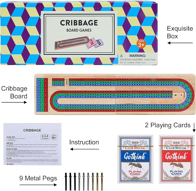 Offelec Upgraded Wooden Folding Cribbage Board Game Set - 3 Track Board with 2 Decks of Cards, 9 Metal Pegs & Storage | Portable Travel Cribbage for Kids, Adults and Family