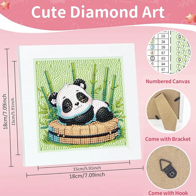 Gemozaic Diamond Art Kits for Kids with Frame, Panda Diamond Art for Kids Ages 4-6-8 for Gift Home Wall Decor (7x7inch)
