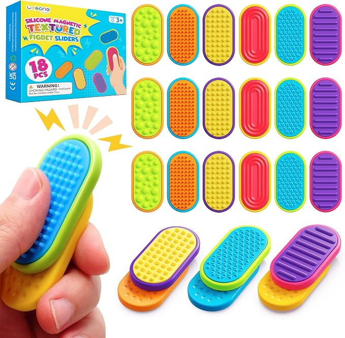 Sensory Fidget Magnet Toys for Kids: 18-Pack Textured Silicone Magnetic Sliders for Autism Children Classroom Must Haves, Goodie Bags Fidgets Box Gifts Portable Quiet Travel Toys