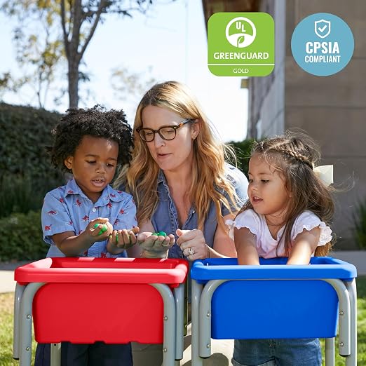 ECR4Kids 2-Station Sand and Water Adjustable Play Table, Sensory Bins, Blue/Red | Durable plastic/steel, GREENGUARD Gold Certified, 3-5 years, 80 lb capacity, adjustable legs, easy-lift lids, indoor/outdoor