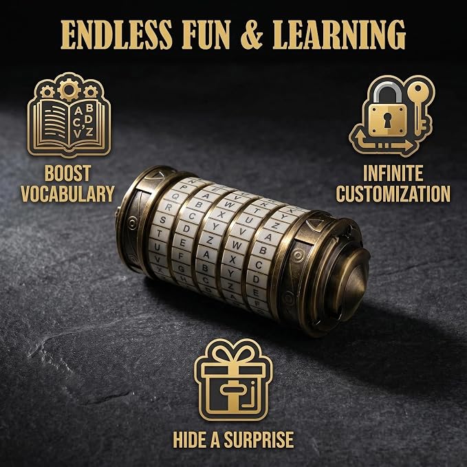 Da Vinci Code Mini Metal Cryptex Lock Puzzle Box – Vintage-Style Password Puzzle with 130 Riddle Cards, Educational Brain Teaser Toy for Kids, Teens & Adults, Gift for Birthday & Christmas