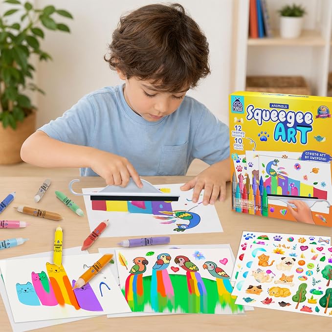 Squeegee Art Kit for Kids - Animals Theme Painting Craft Kit for Ages 4-12 | Non-Toxic, Mess Free Paint Craft, Imaginative Play Process Art Kit, Birthday Gift for Ages 5-9, Colour & Sensory Exploration