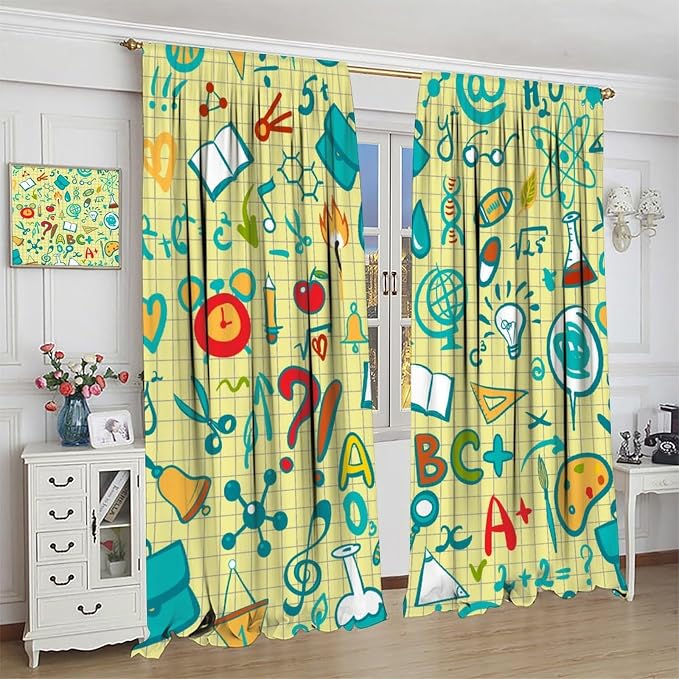 Science Physics Curtains, Abstract Math Chemistry Curtain Scientist Graffiti Print Window Treatments for Kids Teens Bedroom Living Room Set 2 Panels,42x45 Inches, Style-1