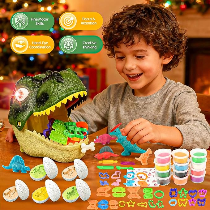 Dinosaur Toys Kids Dough Playset, 55PCS Dino Toys Kit with Molds & Clay | Make Dinosaurs or Create Your Own Models, Storage Case Gift for Boys & Girls Ages 3-8