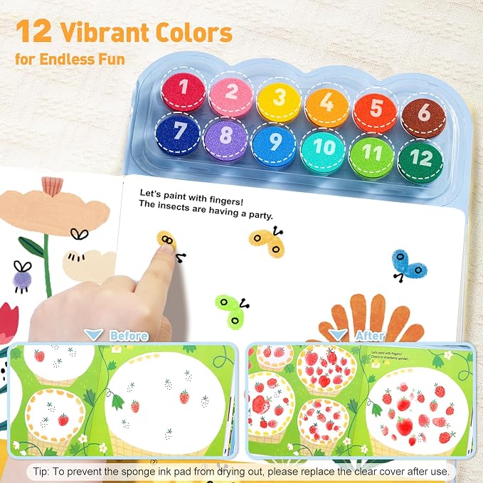 Jar Melo Fingerprint Coloring Book for Kids, 12 Colors Ink Pad Handprint Coloring Book, Preschool Art Learning, Travel Activity for Kids 3+