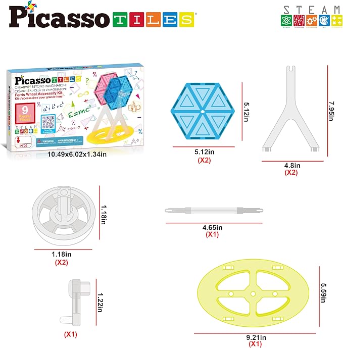 PicassoTiles Magnet Tile Building Blocks Ferris Wheel Amusement Rotating Accessory Kit Compatible with Full Sized Magnetic Tiles Construction Toy Set Education STEM Learning 3D Toddler Kid Age 3+ PT09