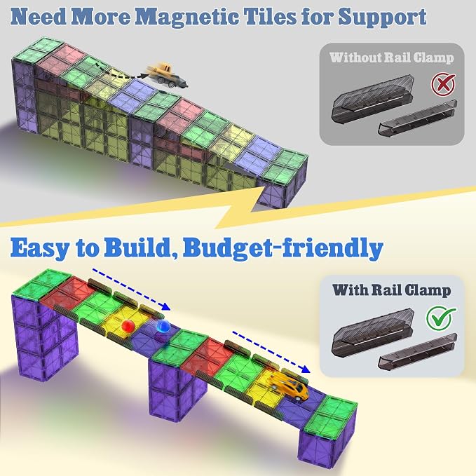 Magnetic Tiles Rail Pack 18-Pieces Magnetic Rail Clamps with Marble Run | Educational Magnet Tiles for Kids Ages 4-8 with Balls, Preschool Birthday Gifts for 3+ Year Old Boys and Girls