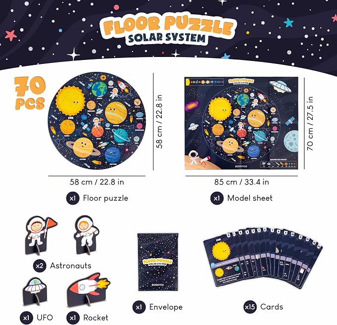 BONNYCO Giant Floor Puzzles for Kids Solar System with 70 Large Pieces. Round Space Puzzle with Planets, 23 x 23 in, 15 Cards, 4 3D Figures, Guide. Learning Gifts, Toys for 4 Year Old Boys | With 15 cards and 4 figures. Round Puzzle 58 x 58 cm, Guide I...