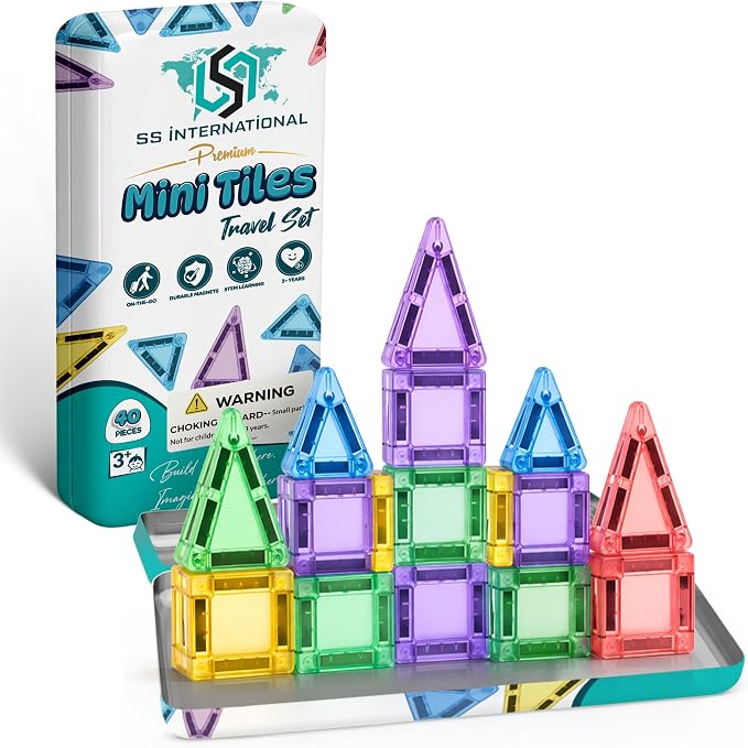 40 PCS Mini Magnetic Tiles Travel Set with Premium Metal Storage Case | Travel magnetic tiles designed for ages 3+ keep kids entertained during road trips, flights and family vacations.