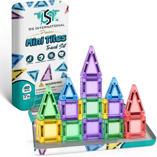 40 PCS Mini Magnetic Tiles Travel Set with Premium Metal Storage Case | Travel magnetic tiles designed for ages 3+ keep kids entertained during road trips, flights and family vacations.