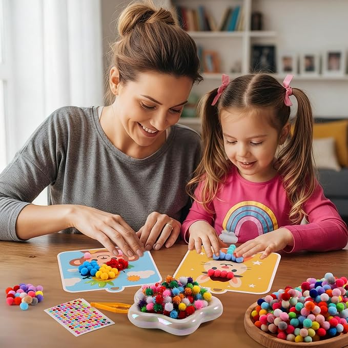 Caydo Pom Poms Art & Crafts Kit for Kids Ages 3 4 5 6 | Easy Toddler Sensory Activity Kit, Build Fine Motor Skills & Hand-Eye Coordination, Gift for Girls and Boys