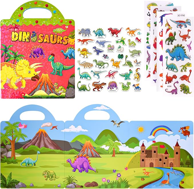 ASTARON Reusable Sticker Book for Toddlers, 88 Pcs Dinosaur Stickers Road Trip Activities Car Airplane Activities Travel Toys for Kids, Kids Quiet Time Activities (2-6 Age) | 88 pcs Reusable Sticker,Waterproof Jelly Stickers, Portable Travel Toys,Educa...