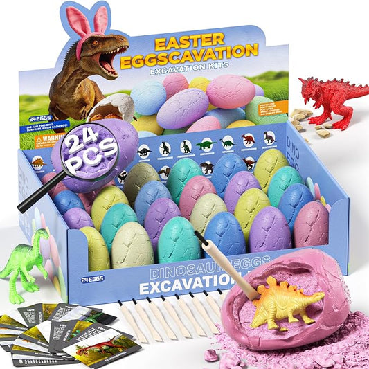 24 Pack Colorful Dinosaur Eggs, Excavation Kit with Learning Cards | STEM Science Toy for Kids, Easter Basket Stuffers, Party Favors, Birthday Gifts Classroom Activities for Boys Girls Age 3+