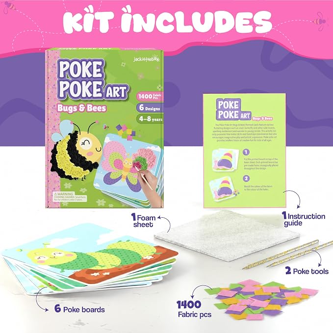 jackinthebox Poke Art Bugs Craft Kit for Kids, Girls, Toys, Gifts, Ages 4-8 | 1400 fabric pieces, fun bees project activities, birthday gift for toddler & girl, ages 4 5 6 7 8 9 yr old, flower pressing