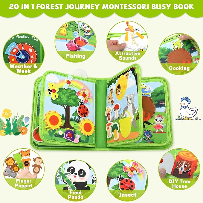 Jungle Educational Book for Toddlers 1-3 - Montessori Quiet Activity & Learning Book with Jungle Animals, Educational Toy for 1 2 3 Year Old Boys Girls, Travel Toy for Airplane & Car Trips