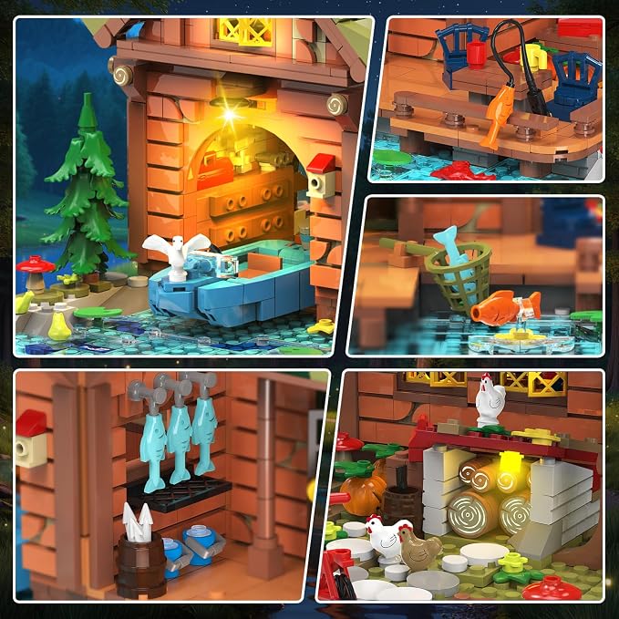 INSOON Overwater Cabin Building Set with Lights for Adults,Forest House Kit | 2423 PCS Wooden Treehouse Building Block Toy with Botanical Boat Animals, Construction Model Gift for Teens Boys Girls 12+