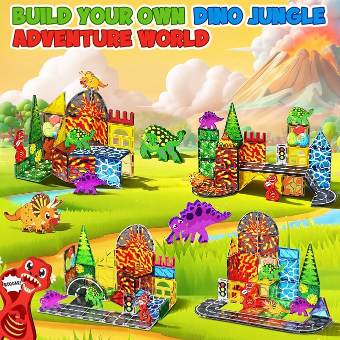 Dinosaur Magnetic Tiles with 4 Dinosaur Toys, Lava Dinosaur World Magnet Tiles for Kids Ages 4-8, Dino Magnetic Building Blocks for Boys Girls Ages 3+, Toddler Sensory Learning Toy Birthday Gifts