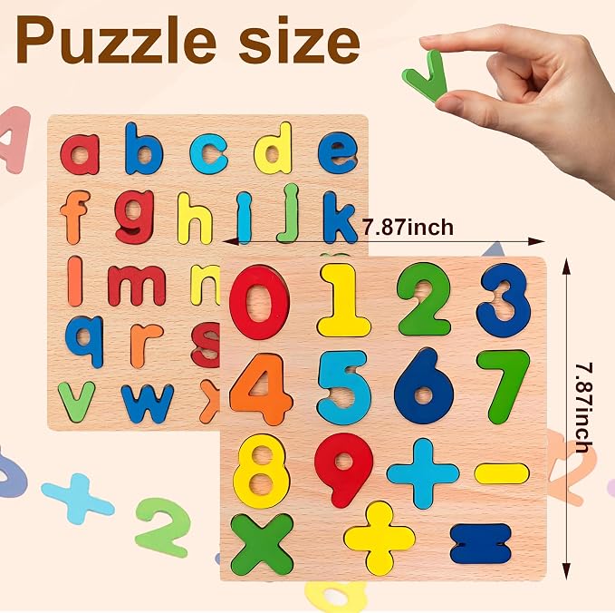 Wooden Puzzles for Toddlers, 2 Pcs Alphabet & Number Shape Wooden Puzzles | Natural Wood Material, Bright Colors, 15 numbers puzzles, 26 English alphabet puzzles, for kids ages 3 4 5