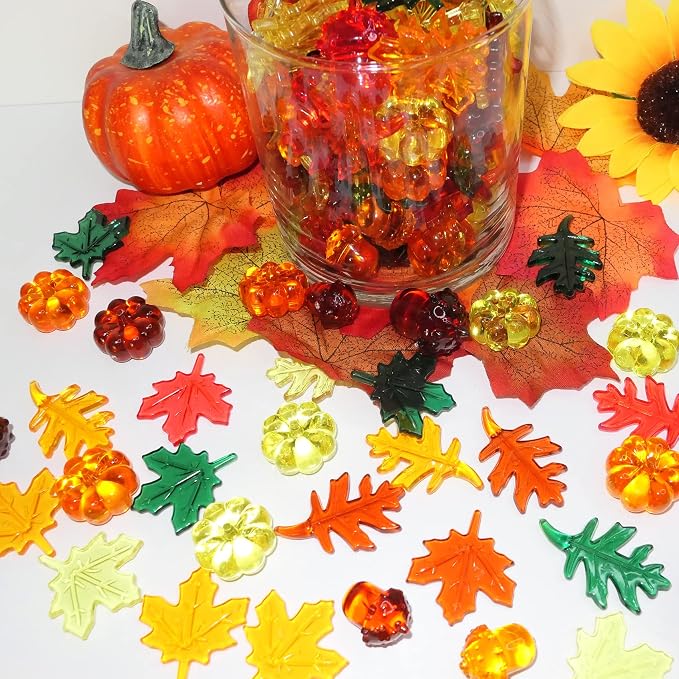 HADDIY Fall Vase Filler 165pcs Pumpkin Mini Leaves Gems Sensory Bin Fillers | autumn Acrylic Acorn for craft Thanksgiving Table Scatters,Centerpieces Table Decorations,Counting,bow and jar fillers