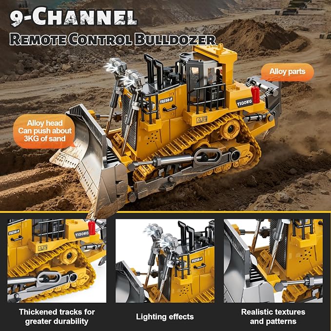 Remote Control Excavator (11-Channel), Dump Truck, Bulldozer, Loader (9-Channel), 2.4GHz Remote Control Construction Vehicles, Metal Construction, with Cool Lights and Sound Effects, 4-Pcs