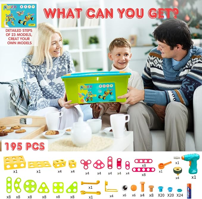 NXONE 195 PCS STEM Toys, Building Sets for Kids 3+ | Educational Building Toys for Boys and Girls Ages 3-10, Hands-On Learning, Electric Drill & Storage Box Included