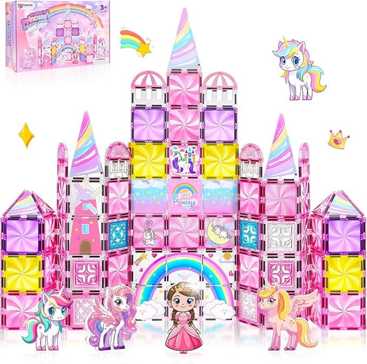 Diamond Magnetic Tiles Unicorns Princess Castle with Magnetic Art Decor Kit, Unicorn Toys for Girl 3 4-6-8, Magnet Tiles for kids 4-8 5 6 7+ Girl Gifts,Magnet Toys Include 5 Dolls,Rainbow,Candy,Decors