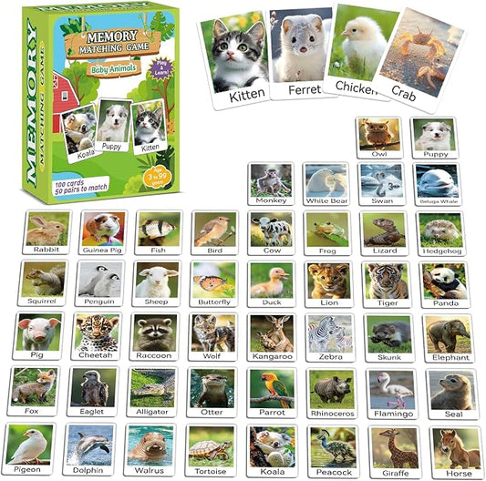 gisgfim 100 PCS Memory Matching Game Animal Babies Concentration Memory Card Educational Game for Kids Adults A Fun & Fast Baby Animals Game Toddlers Preschool Family Board Gift Matching Games