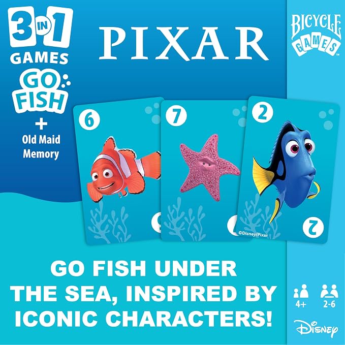 Bicycle Disney Pixar 3-in-1 Card Games Old Maid Go Fish Memory Kids Ages 4 | 3 games in 1 set Old Maid Go Fish and Memory, Toy Story Finding Nemo and Inside Out characters, Ages 4 and up