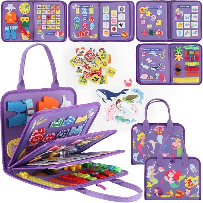 Montessori Busy Board for Toddlers 3-6, Soft Sensory Activity Book with Life Skills, Cognition, Sorting, Matching, Travel Toys for Airplane Car, Gift for Girls Boys 3+ Years Old (Mermaid)