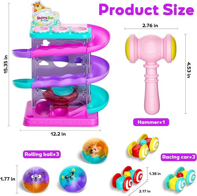 2-in-1 Ball Drop & Car Ramp Race Track Montessori Toy for Toddlers Ages 1-5 | Hammer Rolling Ball, Launch and Race Car-Cause and Effect Sensory STEM Learning Toys for 1-5 Year Old Boys & Girls