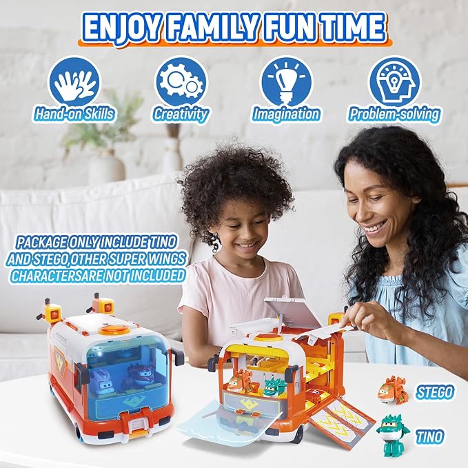 Super Wings Dinosaur Adventure Mini Base, Transforming Playset with Camping Scene & 2 Dino Bots STEGO & Tino, Season 9 Role Play Toys for Kids, Gifts for Boys & Girls Age 3+