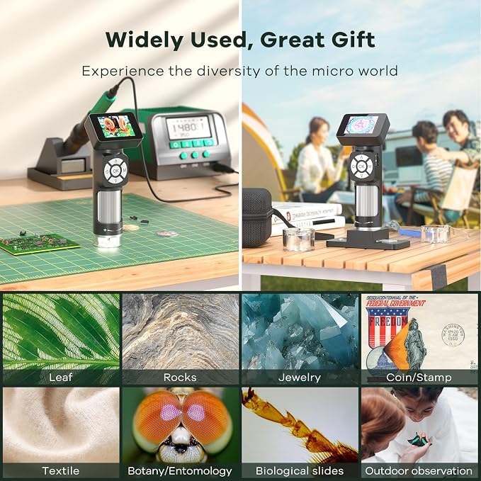 JL112 Handheld Microscope for Kids Adults, Portable Digital Microscope with 2" LCD Screen, 1080P USB Pocket Microscope Camera with 8 LED Lights, PC View, Microscope Slide Kit, 32GB