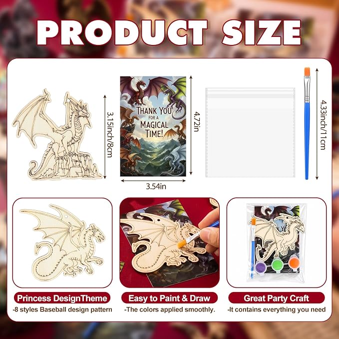 Saypacck 24 Pcs Party Favors Wooden Painting Craft Kits Birthday Party Supplies with Organza Bag for Goodie Bags Fillers Adult Thank You Gifts(Dragon)