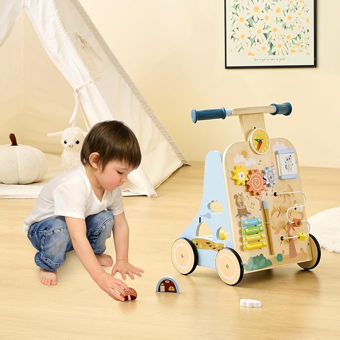 Baby Walker with 7-in-1 Montessori Activity Center for Toddlers | Wooden Baby Walker with Wheels Includes Montessori Sensory Toys and Activity Center 6-18 Months for Boys and Girls