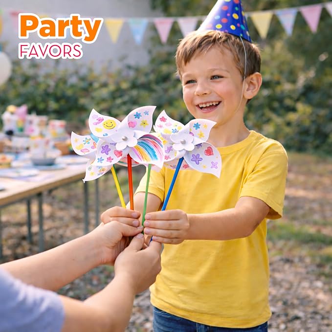 4E's Novelty DIY Pinwheels Craft for Kids (100 Pack) Color Your Own White Pinwheels, Bulk Summer Spring Craft Kit for Boys & Girls, Arts and Craft Party Activity, Easter Craft for Kids Bulk